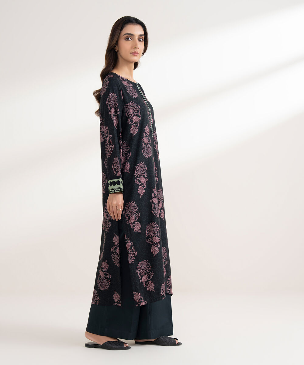 Women's RTW Viscose Linen Printed Straight Black Shirt