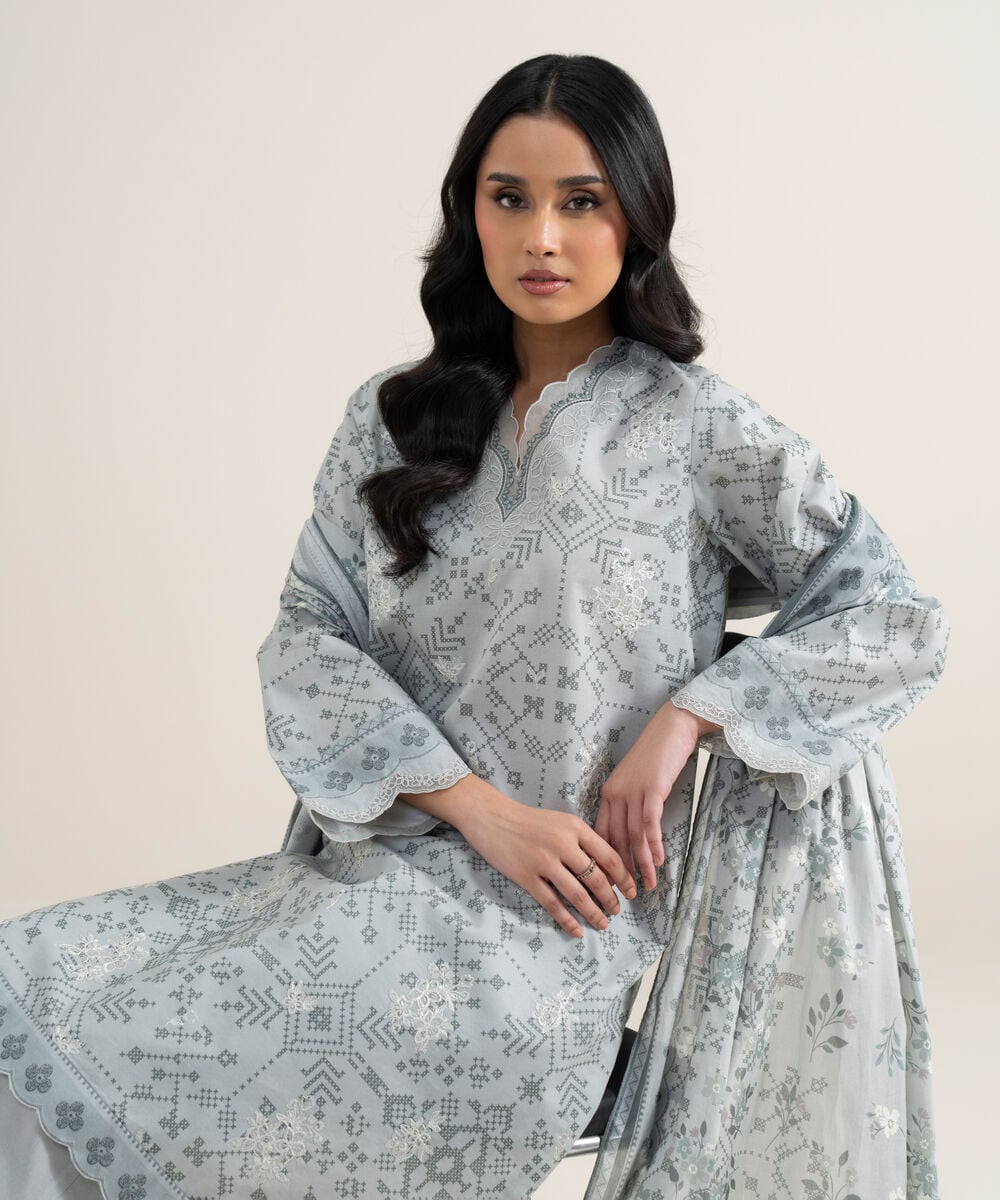 Women's Unstitched Lawn Embroidered Grey 3 Piece Suit