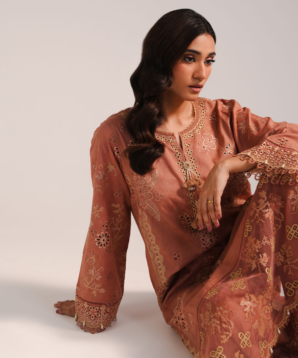 Women's RTW Self Jacquard Embroidered Blue 3 Piece Suit