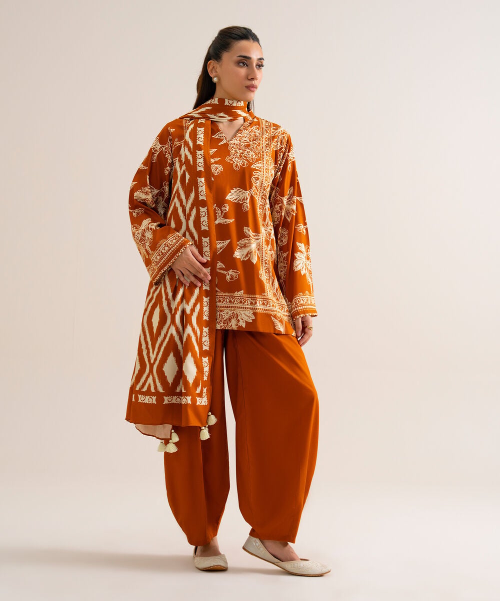 Women's Unstitched Viscose Linen Printed Orange 3 Piece Suit