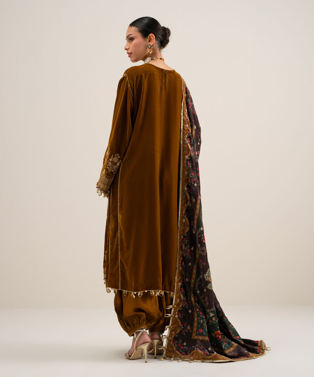 Women's Unstitched Embroidered Velvet Brown 3 Piece Suit