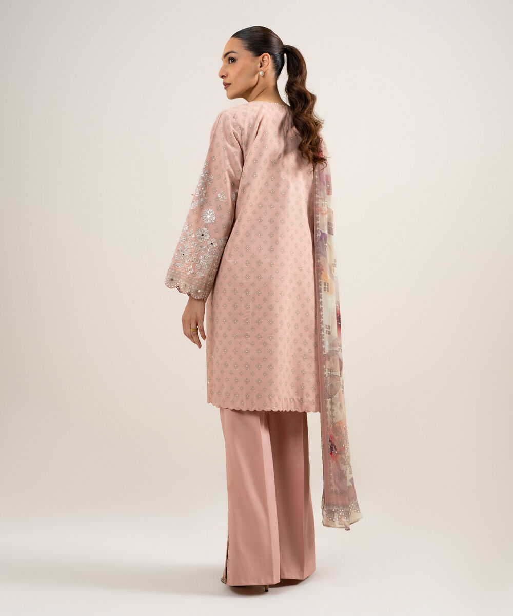 Women's Unstitched Zari Lawn Embroidered Pink 3 Piece Suit
