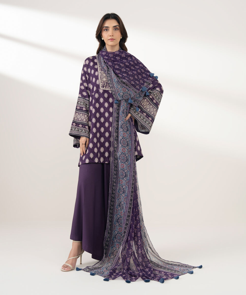 Women's Unstitched Light Linen Printed Purple 3 Piece Suit