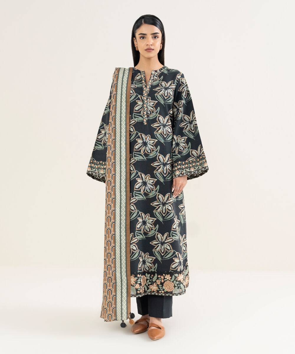 Women's Unstitched Printed Khaddar Black 3 Piece Suit