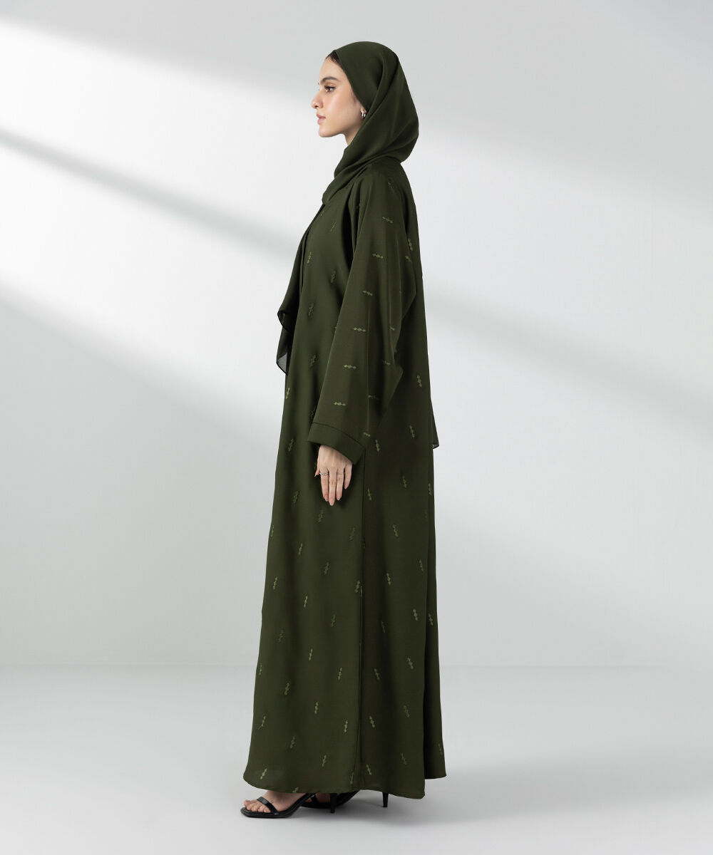 Woman - Green Embroidered Button Through Abaya Set