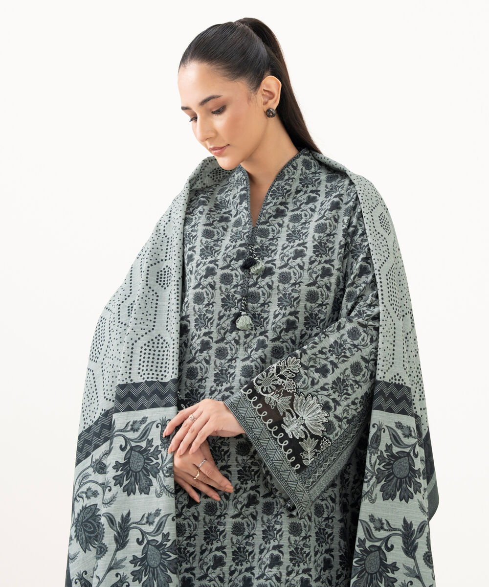 Women's Unstitched Khaddar Embroidered Grey 3 Piece Suit