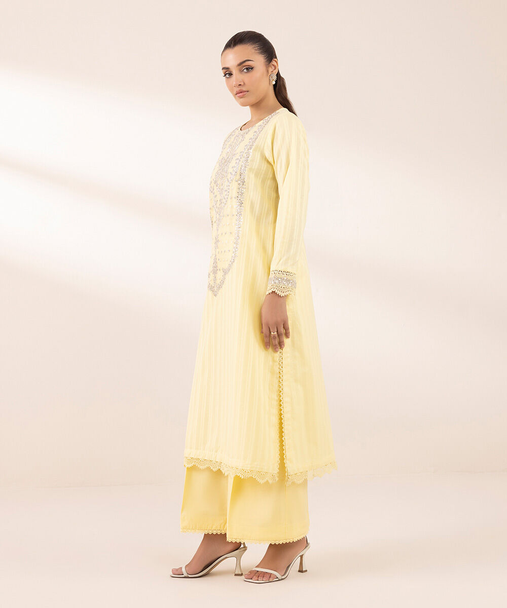 Women's RTW Dobby Yellow Embroidered A-Line Shirt