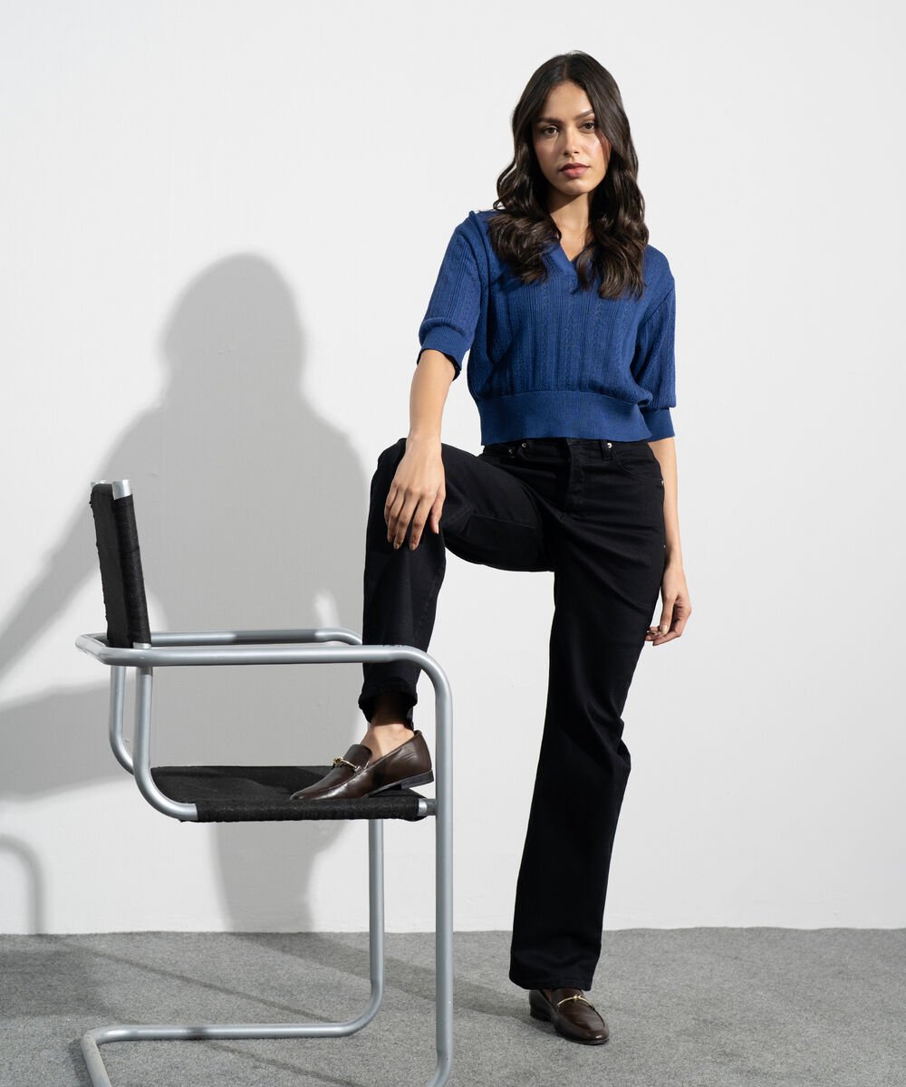 Women's Western Navy Pointelle Summer Knit Polo Top