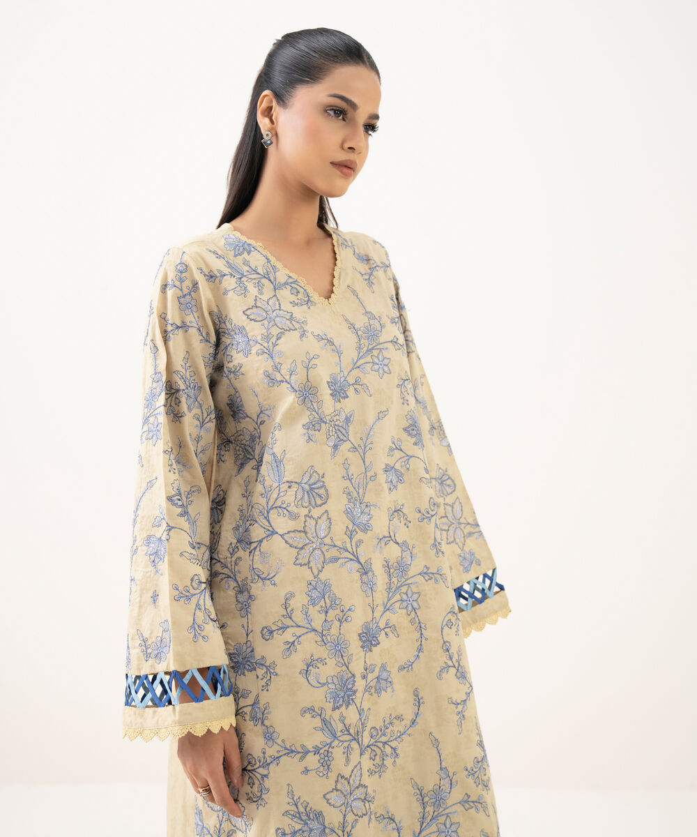 Women's RTW Cotton Jacquard Beige Embroidered A-Line Shirt