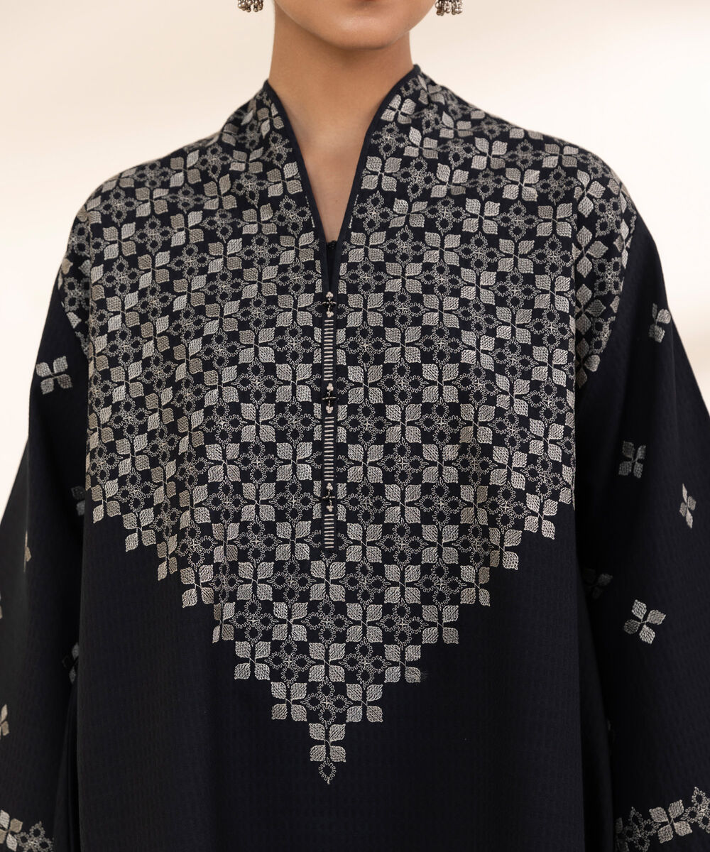 Women's Unstitched Dobby Embroidered Black 3 Piece Suit