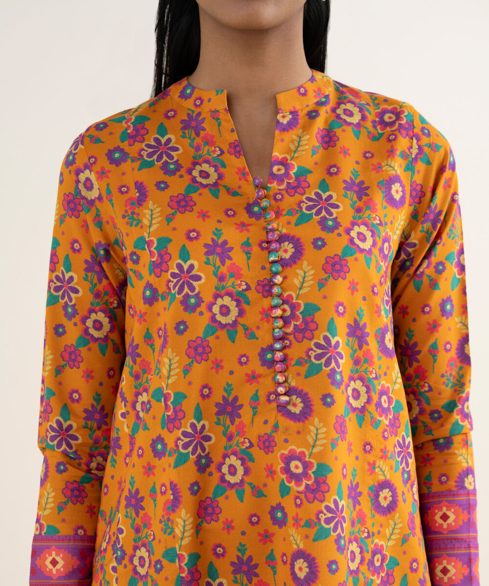 Women's Unstitched Lawn Printed Orange 3 Piece Suit