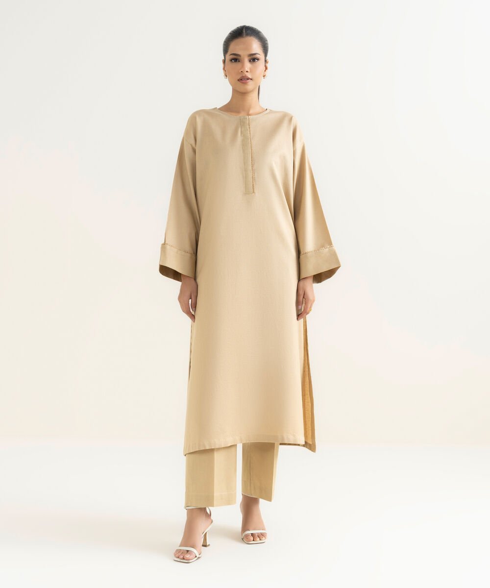 Women's RTW Cotton Linen Beige Solid Drop Shoulder Shirt