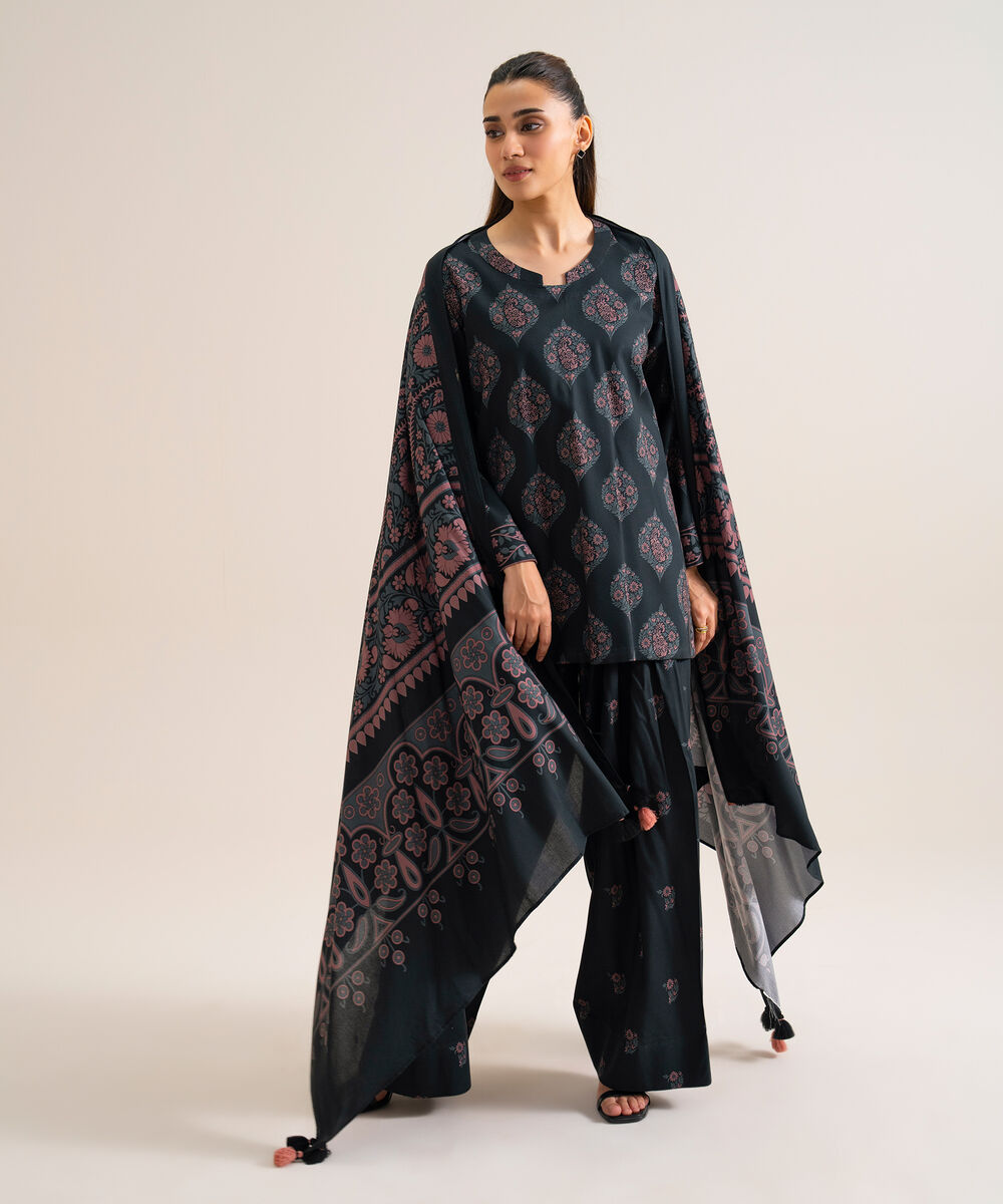 Women's Unstitched Viscose Linen Printed Black 3 Piece Suit