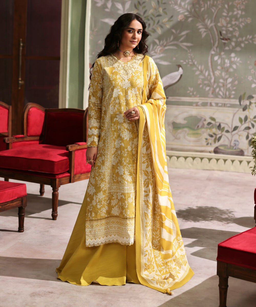 3 Piece - Embroidered Light Khaddar Suit Women's Unstitched Light Khaddar Embroidered Yellow 3 Piece Suit
