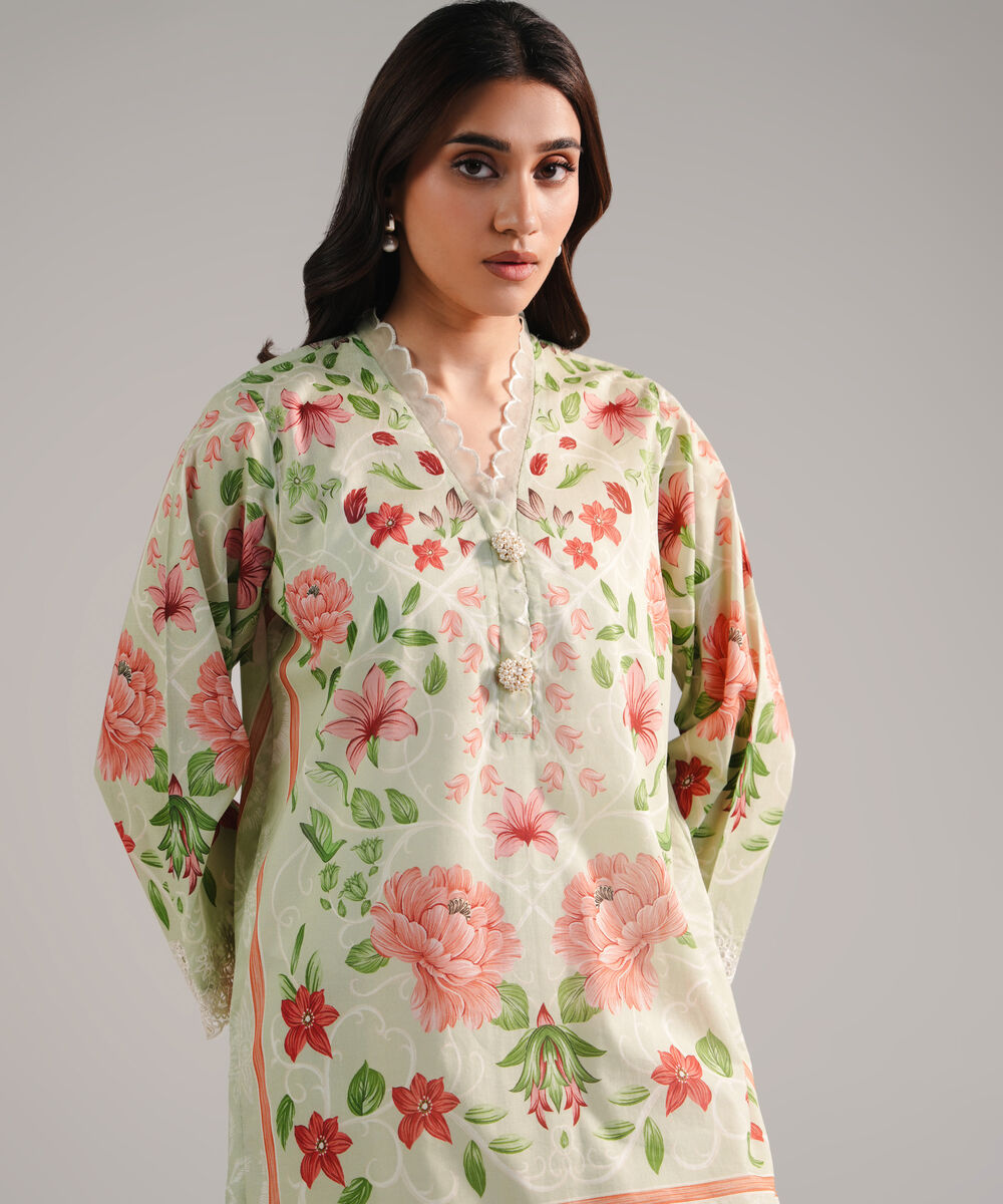 Women's RTW Lawn Embroidered Mint Green Straight Shirt