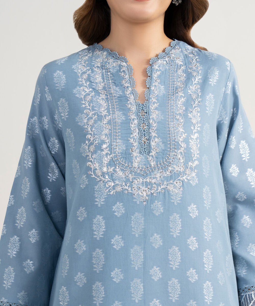 Women's Unstitched Extra Weft Jacquard Embroidered Blue 3 Piece Suit