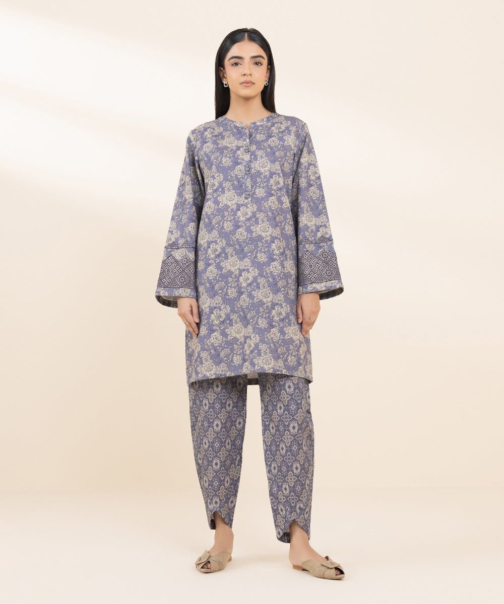 2 Piece - Embroidered Khaddar Suit Women's Pret Khaddar Purple Embroidered 2 Piece Suit