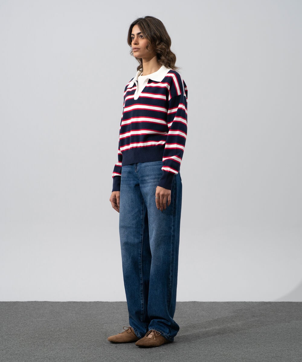 Women's Western Wear Navy Blue And Red Striped Polo Neck Sweater