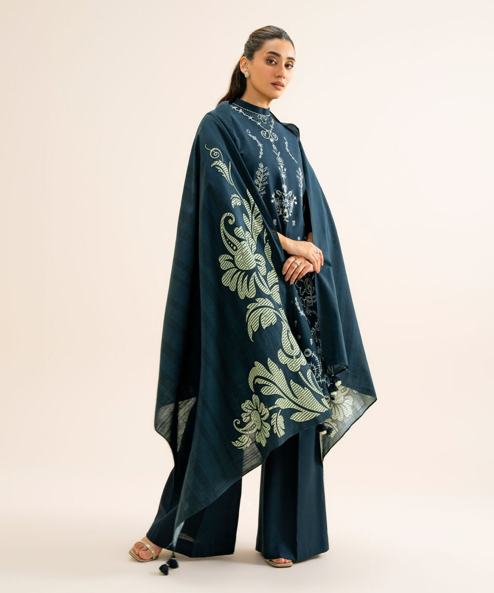 Women's Unstitched Light Khaddar Embroidered Dark Blue 3 Piece Suit