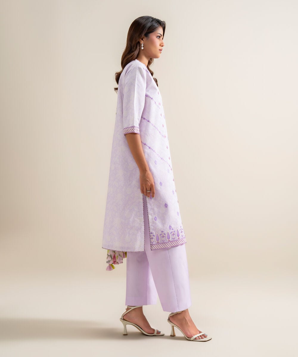 Women's Unstitched Zari Cotton Embroidered Purple 3 Piece Suit