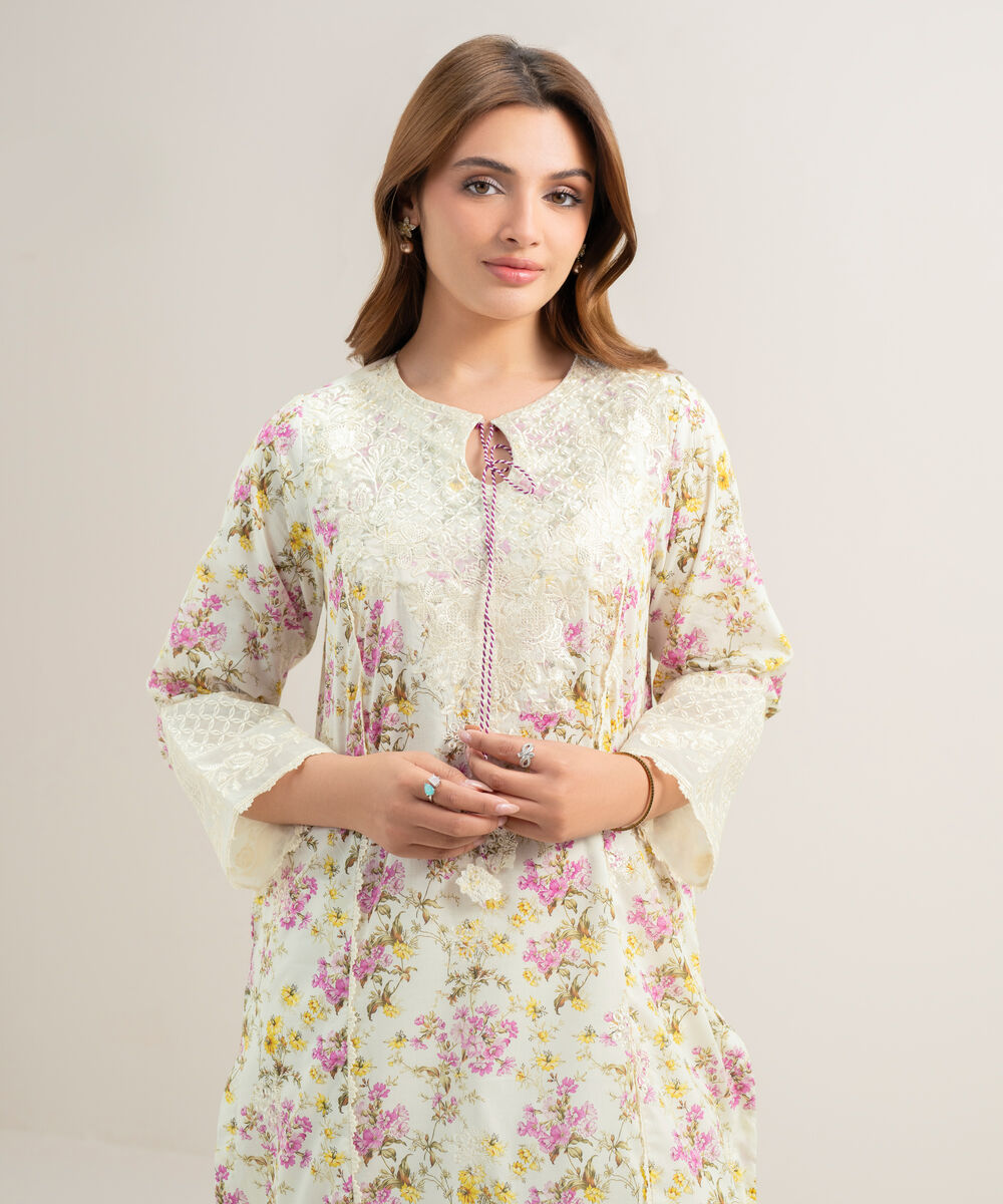 Women's RTW Lawn Embroidered Off White A-Line Shirt