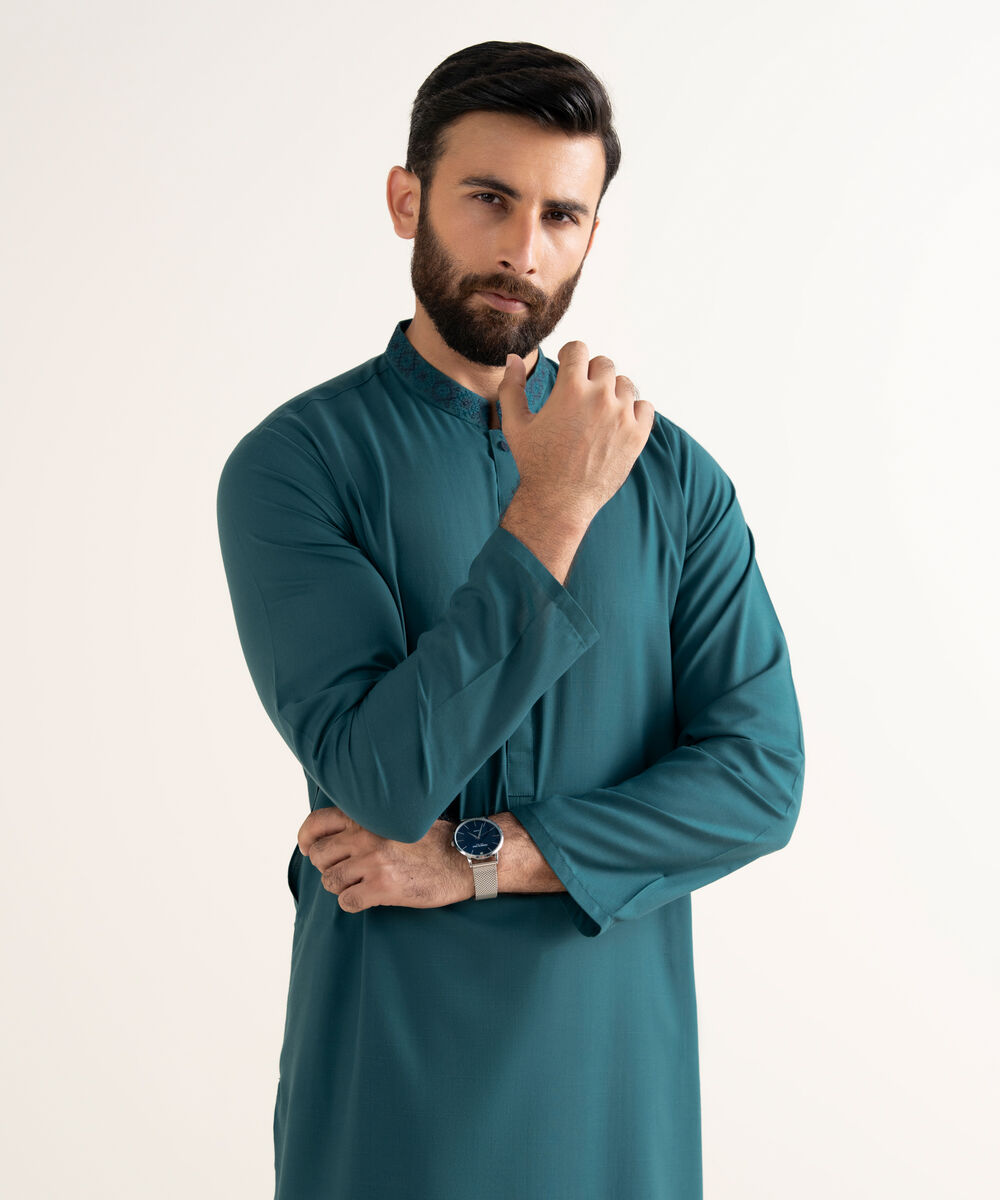Men's Textured Wash & Wear Embroidered Blue Kurta Trouser