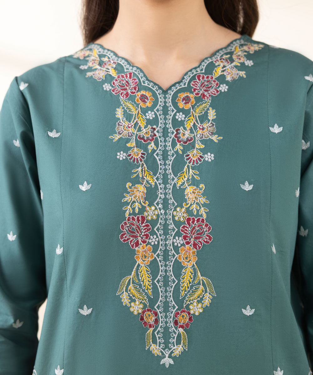 Unstitched Women's Embroidered Cotton Green Three Piece Suit