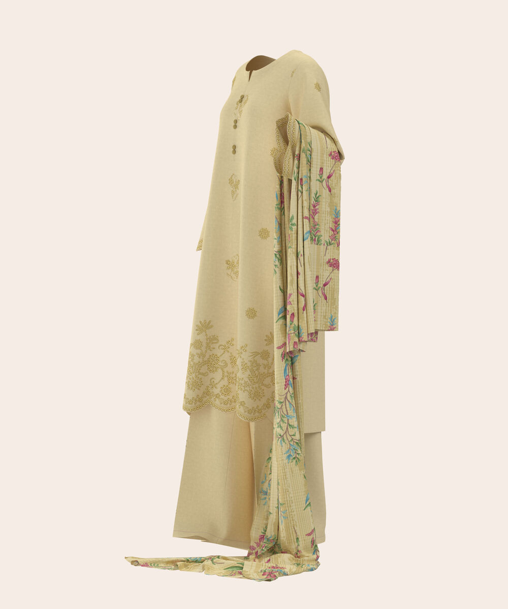 Women's Unstitched Self Jacquard Dull Yellow  Embroidered 3 Piece Suit
