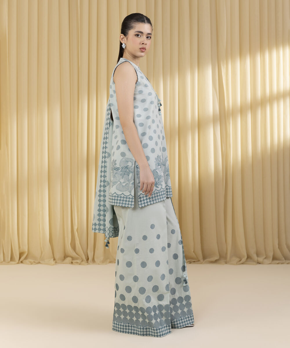 Unstitched Women's Blue Extra Weft Jacquard 3 Piece Suit