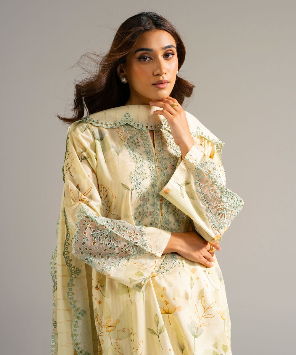 Women's RTW Zari Lawn Embroidered Yellow 3 Piece Suit