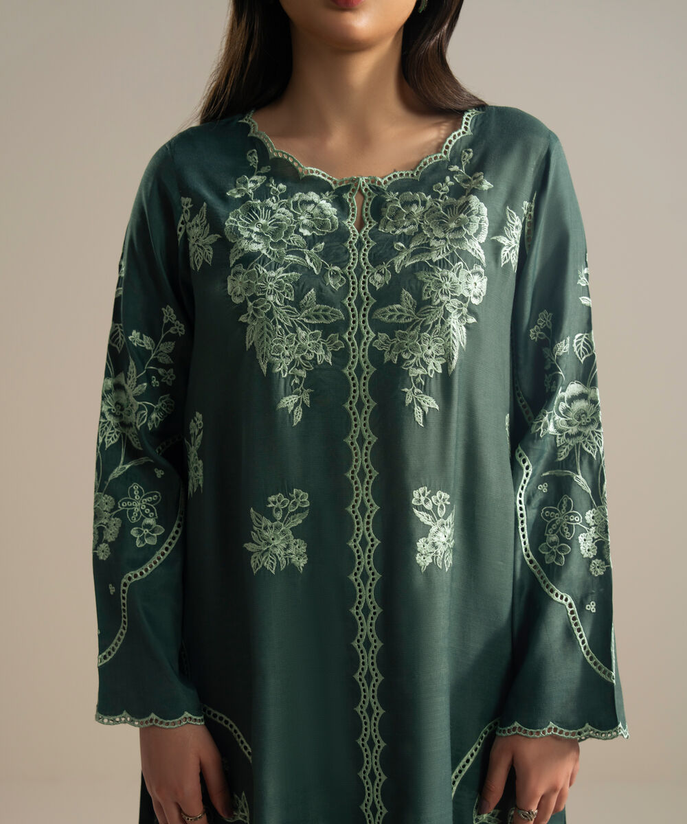 Women's RTW Viscose Raw Silk Embroidered Green 2 Piece Suit