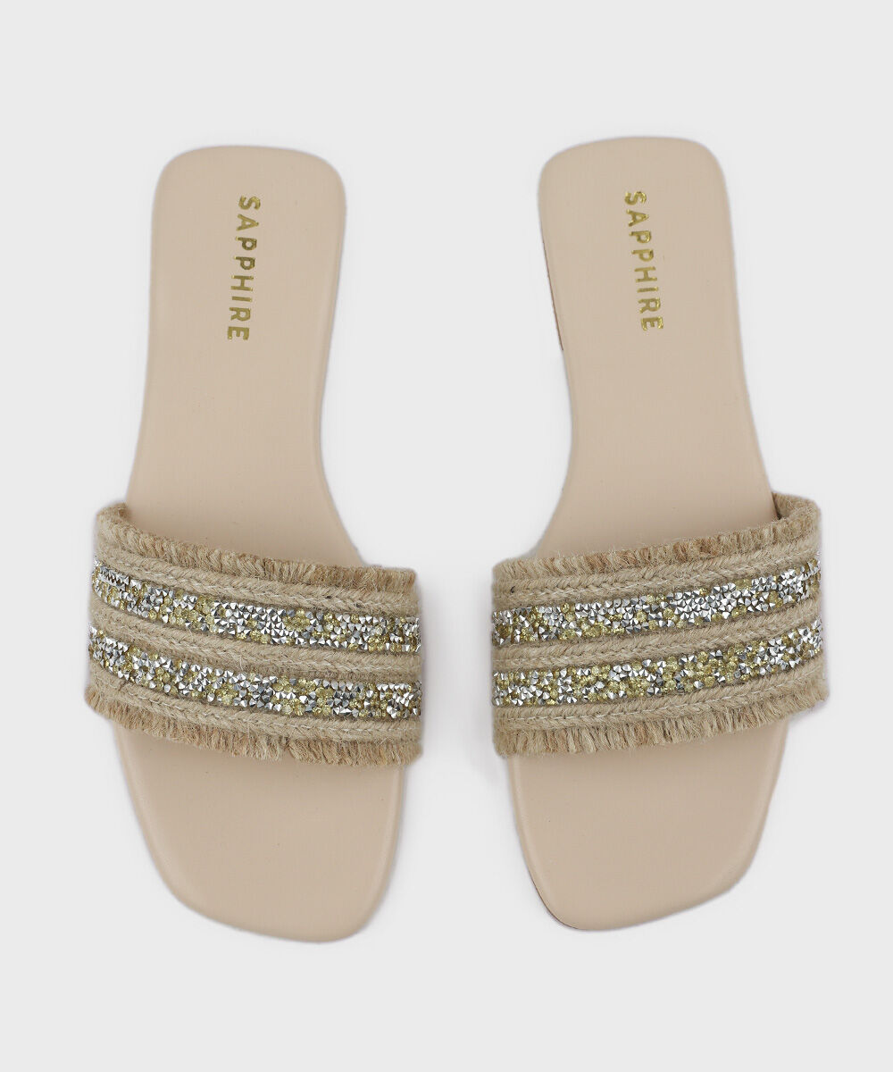 Woman - Beige Embellished Jute Flats