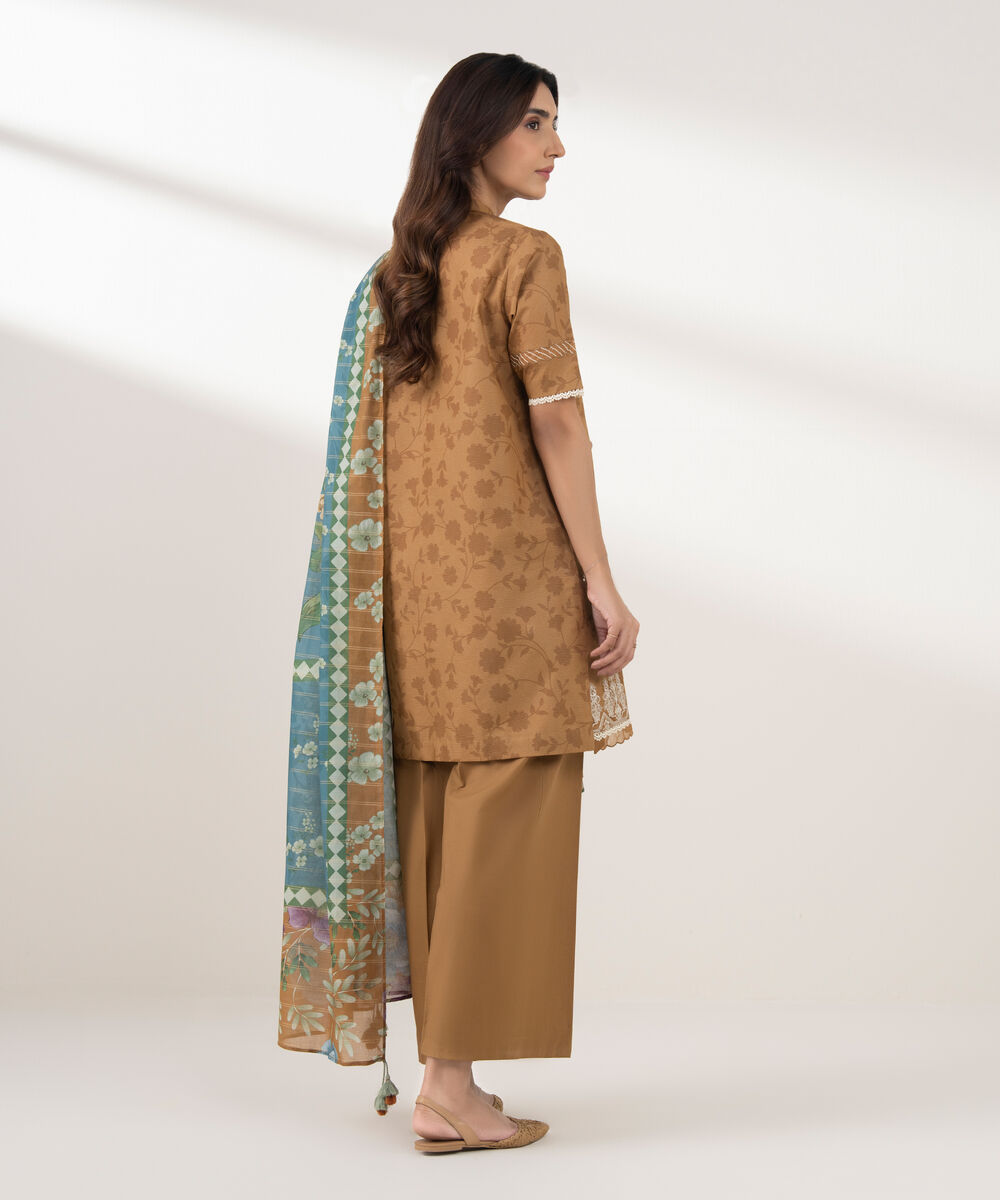 Women's Unstitched Zari Lawn Embroidered Brown  3 Piece Suit
