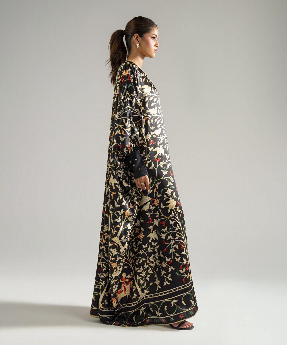 Women's RTW Blended Satin Printed Black Kaftan