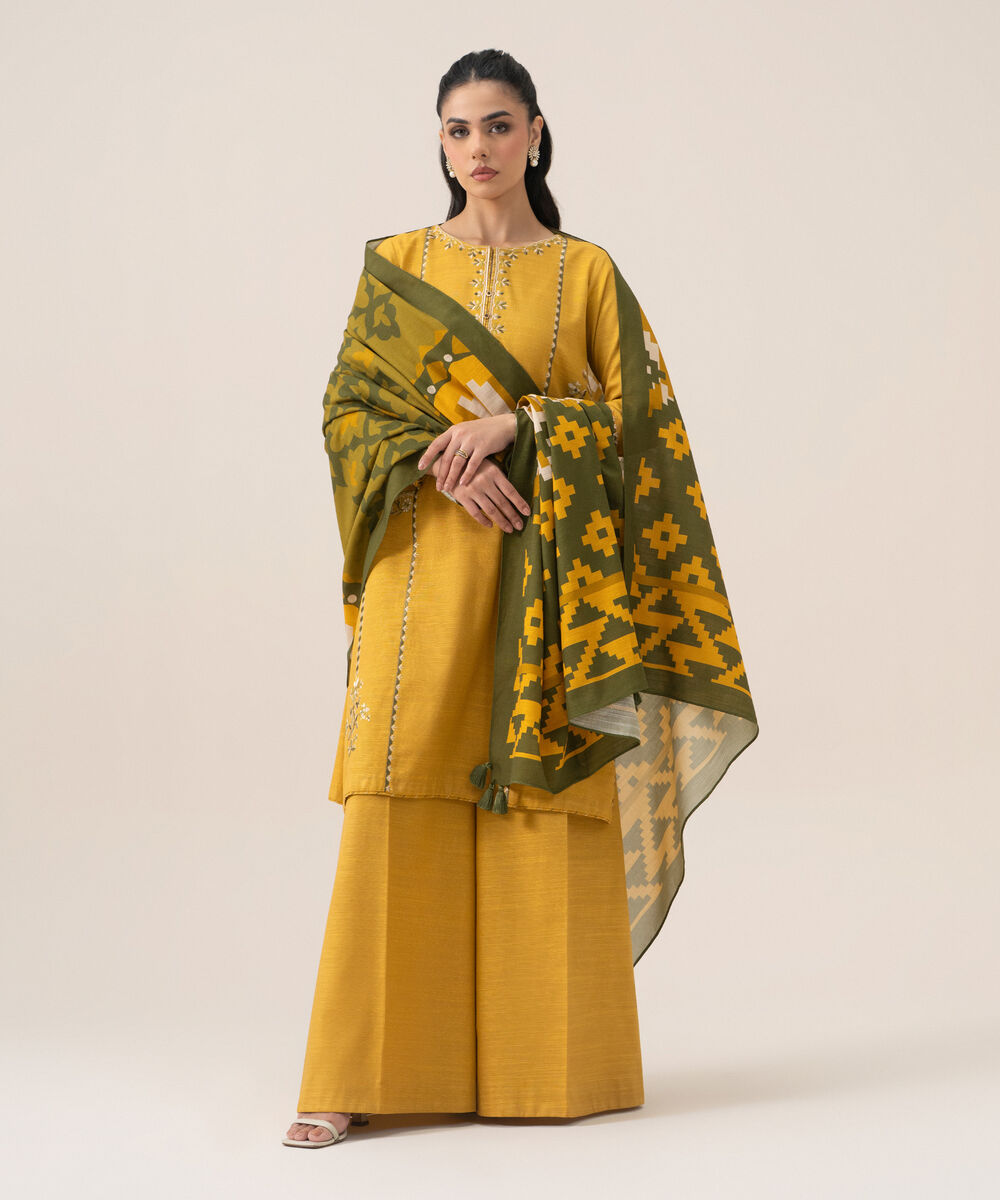 Women's Unstitched Lawn Embroidered Yellow 3 Piece Suit