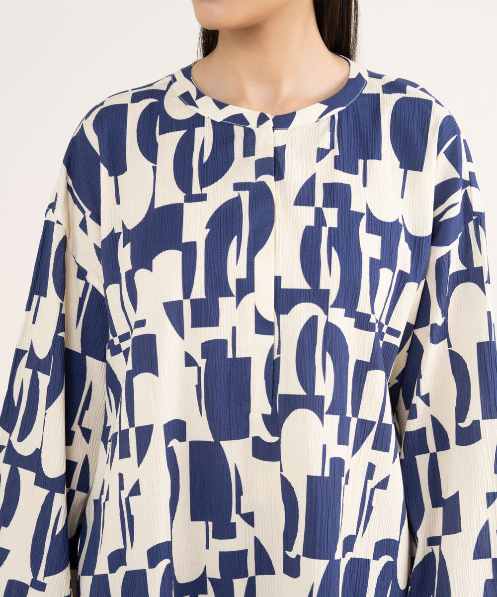 Women's RTW Seersucker Blue Printed Boxy Shirt