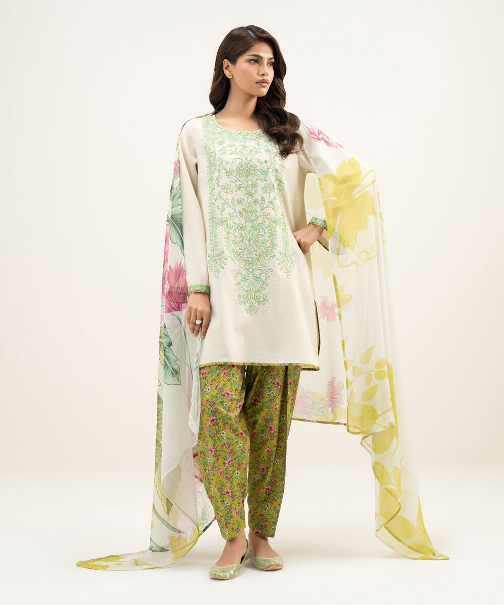 Women's RTW Dobby Embroidered Off White 3 Piece Suit