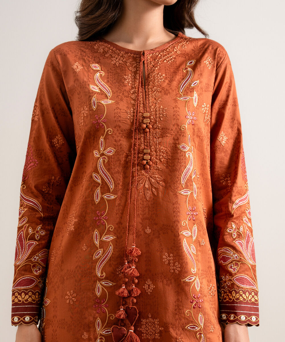 Women's Unstitched Embroidered Cotton Jacquard Rust 3 Piece Suit