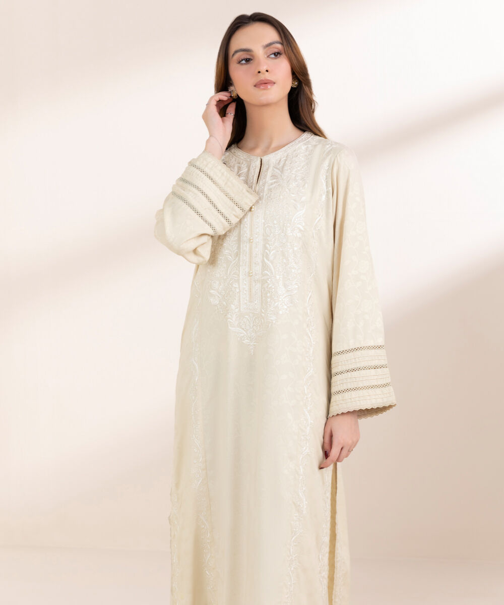 Women's Pret Cotton Jacquard Beige Embroidered A-Line Shirt