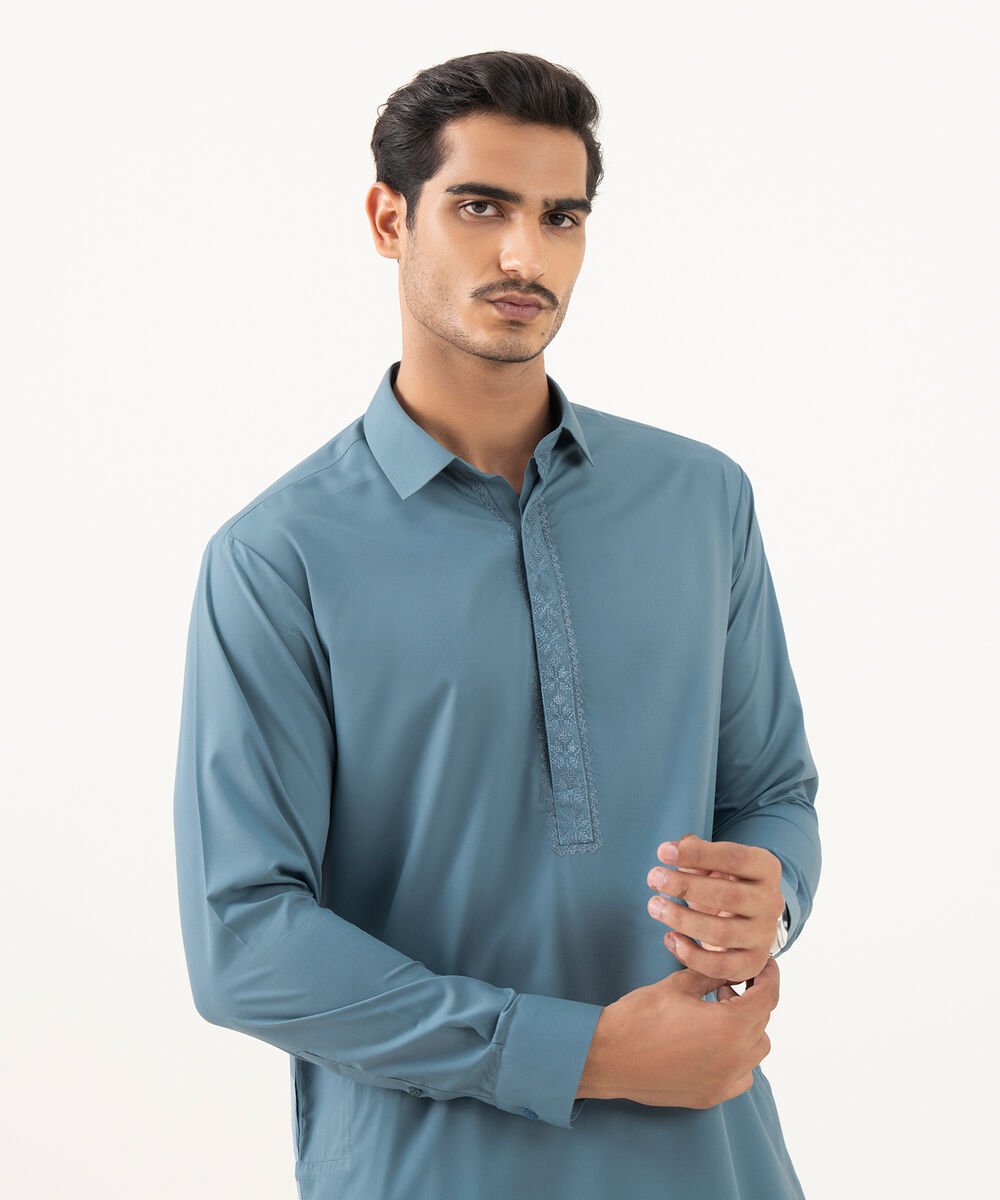 Men's Oxford Embroidered Blue Grey Kurta Shalwar