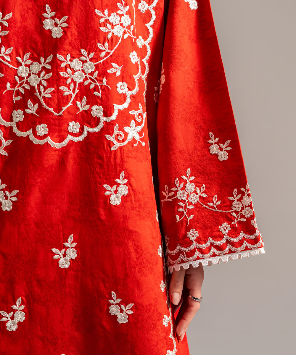 Women's RTW Self Jacquard Embroidered Rust 2 Piece Suit