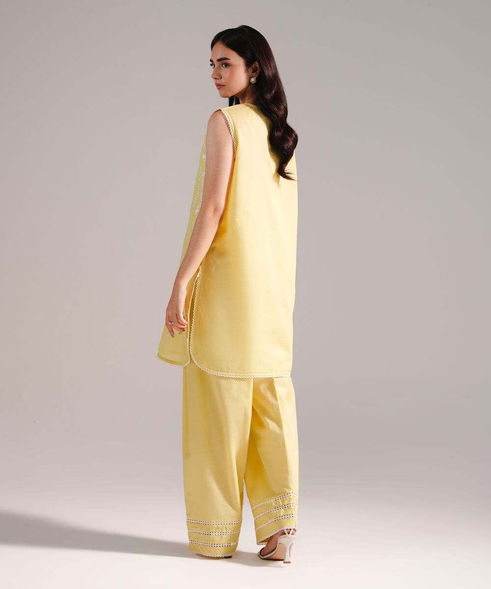 Women's RTW Slub Lawn Embroidered Lime Yellow Straight Shirt