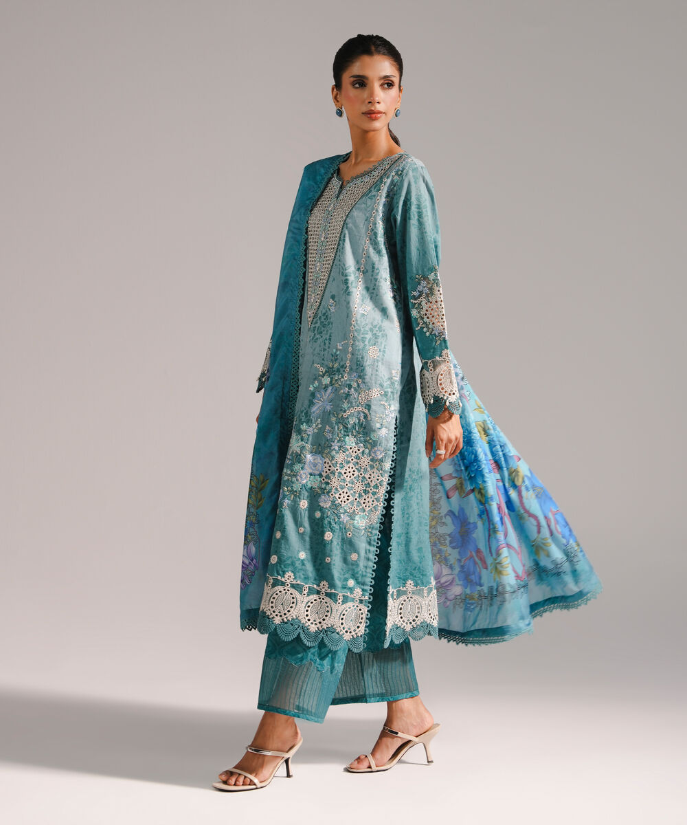 Women's RTW Self Jacquard Embroidered Blue 3 Piece Suit