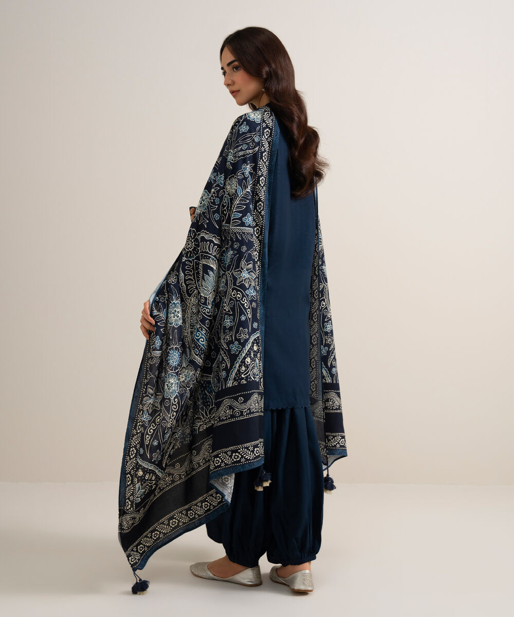 Women's Unstitched Embroidered Linen Blue 3 Piece Suit