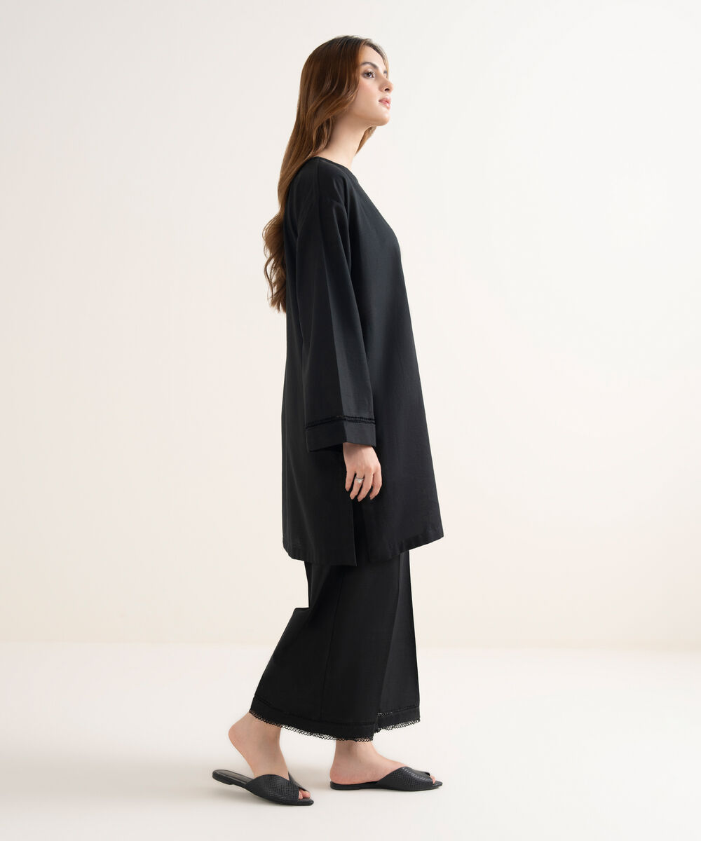 Women's RTW Khaddar Solid Drop Shoulder Black Shirt