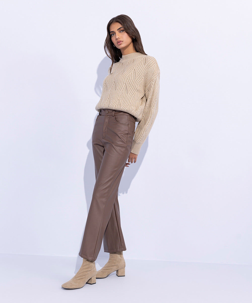 Woman - Brown Straight Fit Faux Leather Trousers