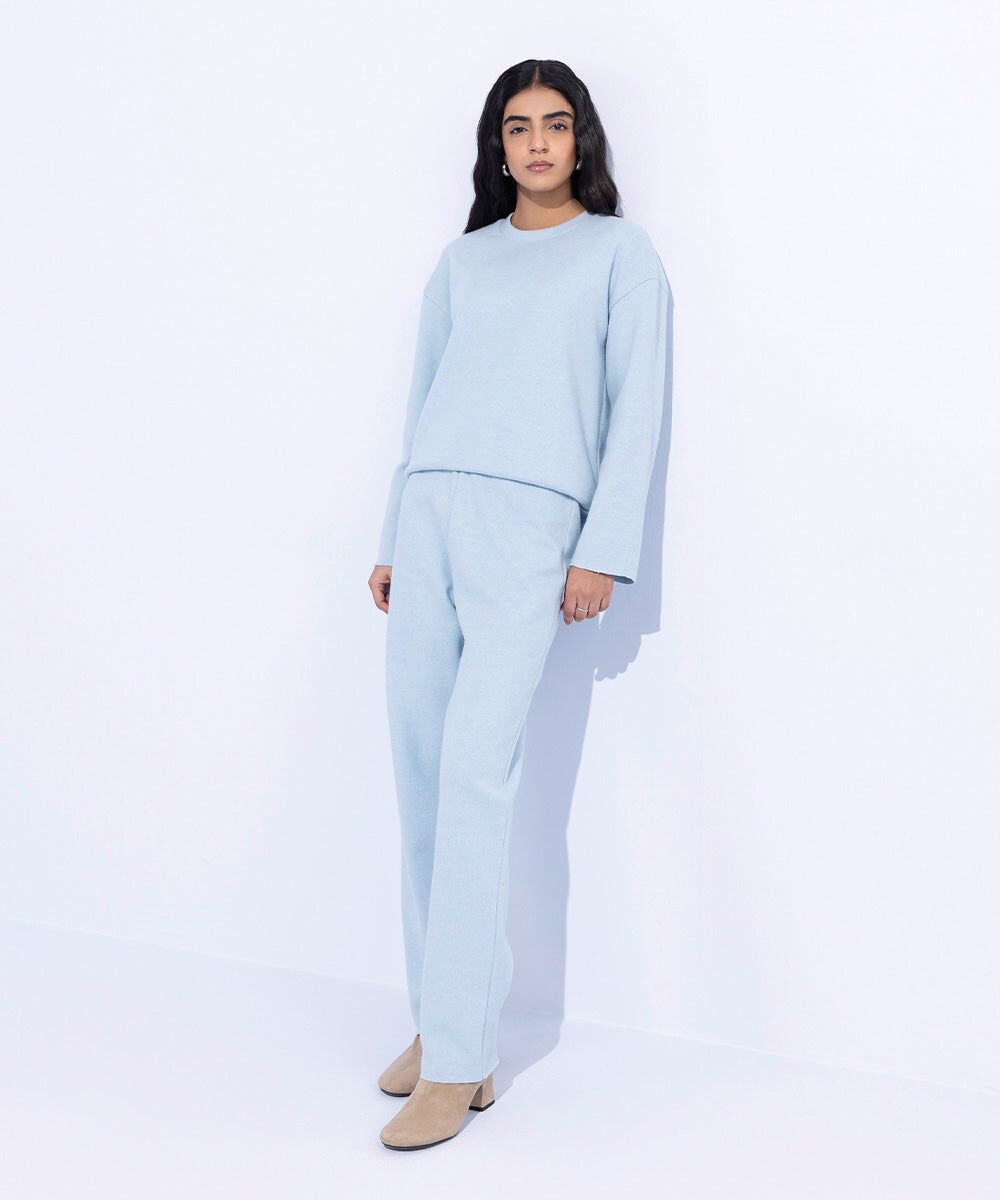 Woman - Blue Ribbed Straight Trousers