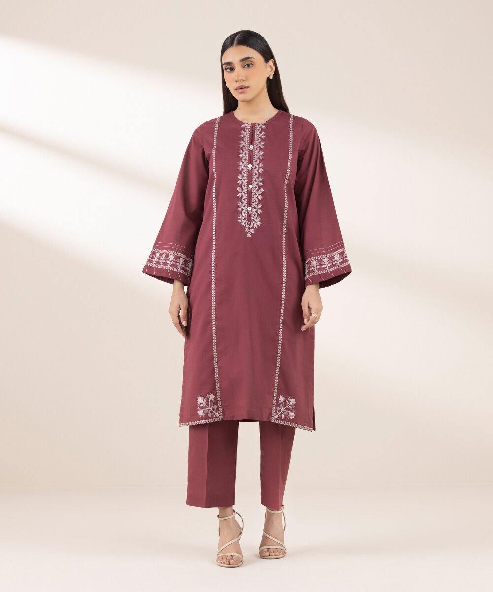 Women's RTW Cross Hatch Red Embroidered A-Line Shirt