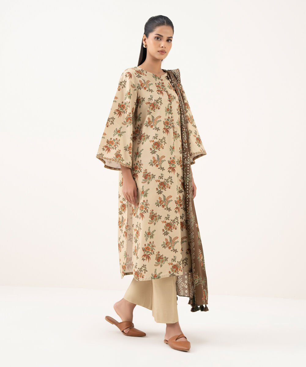 Women's Unstitched Cotton Printed Beige  Three Piece Suit