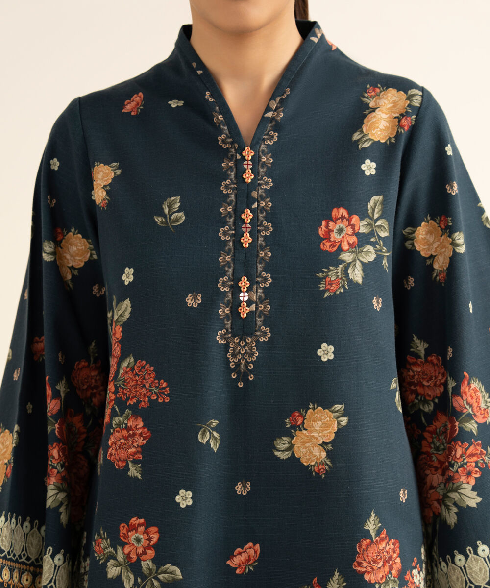 Women's Unstitched Cotton Printed Blue 3 Piece Suit